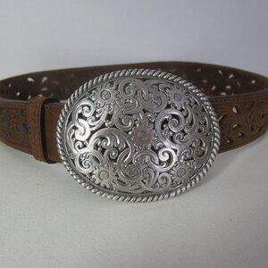 New Tony Lama Women 32 Brown Pierced Leather Filigree Belt Silvertone Buckle